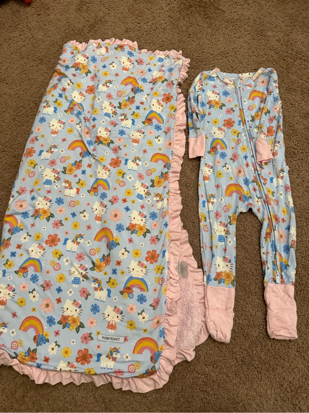 Posh Peanut Light Blue Floral & Kitty Ruffle Sleepwear